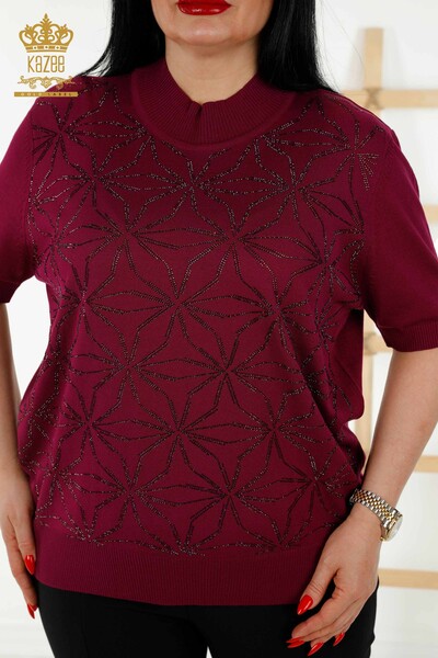 Wholesale Women's Knitwear Sweater - Crystal Stone Embroidered - Plum - 30305 | KAZEE - Thumbnail