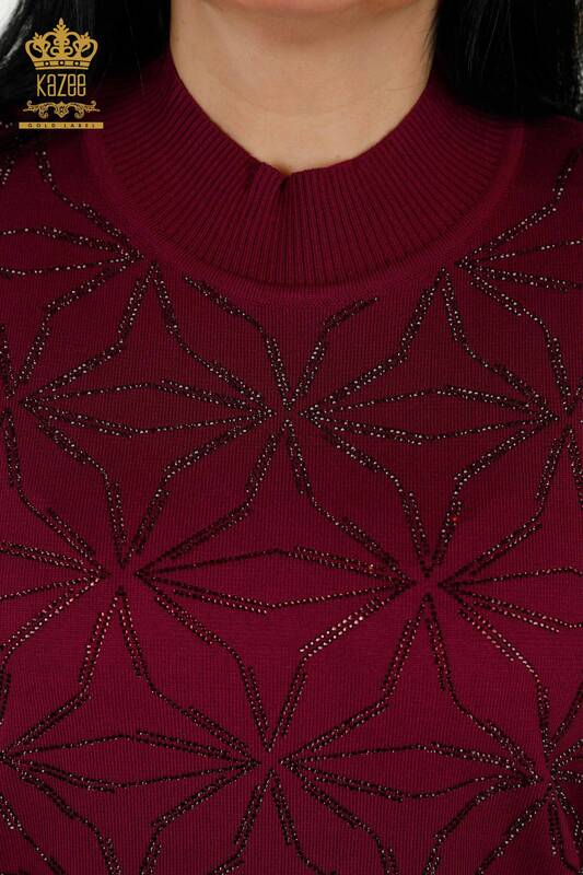 Wholesale Women's Knitwear Sweater - Crystal Stone Embroidered - Plum - 30305 | KAZEE