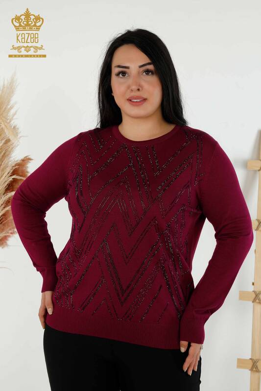 Wholesale Women's Knitwear Sweater Crystal Stone Embroidered Purple - 16725 | KAZEE