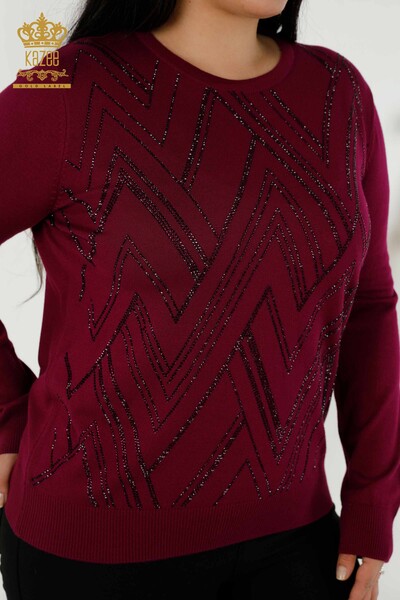 Wholesale Women's Knitwear Sweater Crystal Stone Embroidered Purple - 16725 | KAZEE - Thumbnail