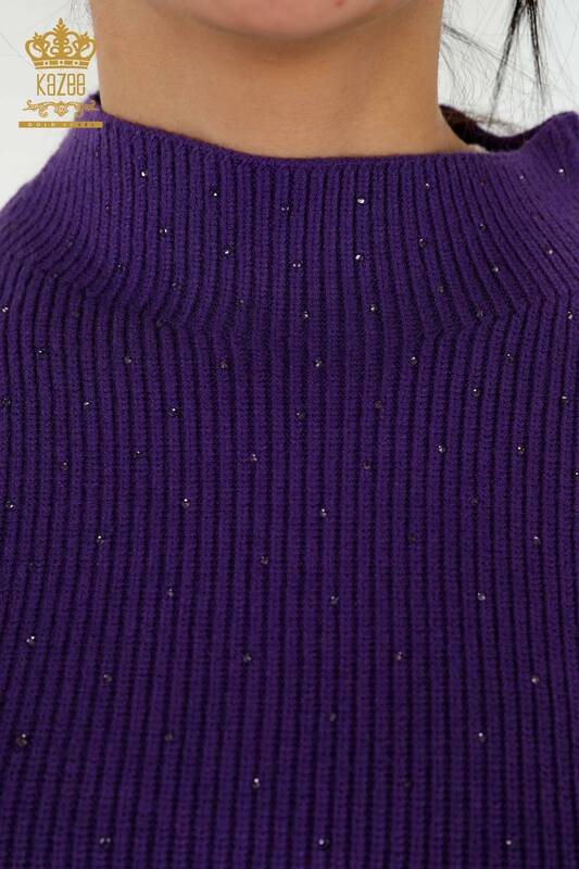 Wholesale Women's Knitwear Sweater Crystal Stone Embroidered Purple - 16901 | KAZEE