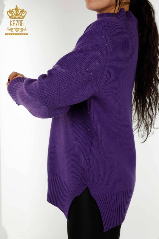 Wholesale Women's Knitwear Sweater Crystal Stone Embroidered Purple - 16901 | KAZEE