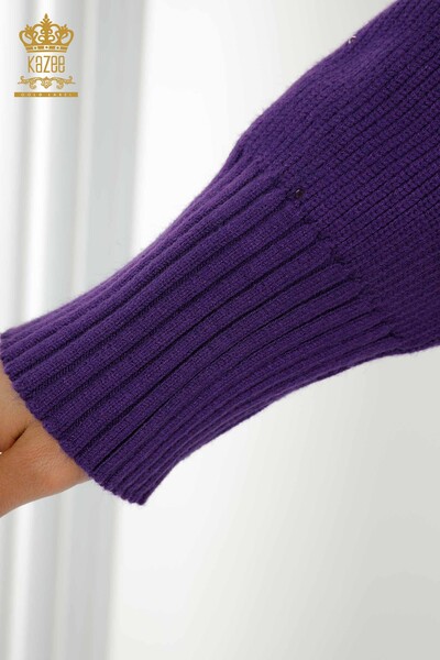 Wholesale Women's Knitwear Sweater Crystal Stone Embroidered Purple - 16901 | KAZEE - Thumbnail
