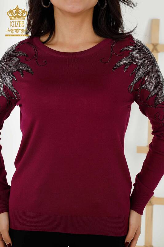Wholesale Women's Knitwear Sweater Crystal Stone Embroidered Purple - 30210 | KAZEE