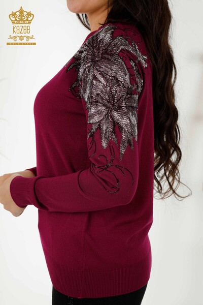 Wholesale Women's Knitwear Sweater Crystal Stone Embroidered Purple - 30210 | KAZEE - Thumbnail