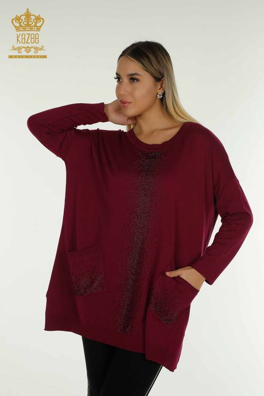 Wholesale Women's Knitwear Sweater Crystal Stone Embroidered Purple - 30602 | KAZEE