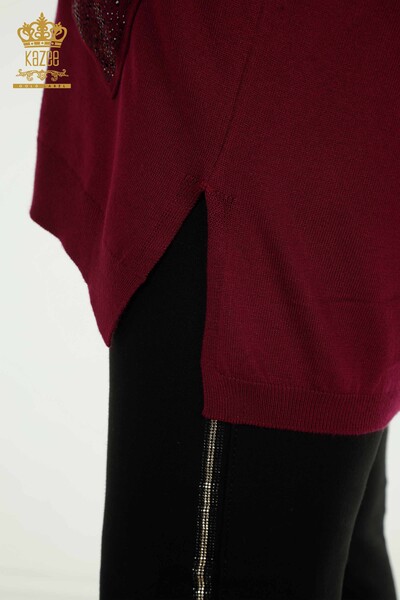 Wholesale Women's Knitwear Sweater Crystal Stone Embroidered Purple - 30602 | KAZEE - Thumbnail