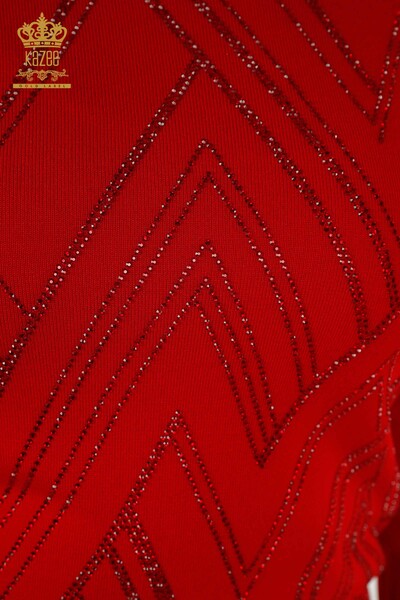 Wholesale Women's Knitwear Sweater Crystal Stone Embroidered Red - 16725 | KAZEE - Thumbnail