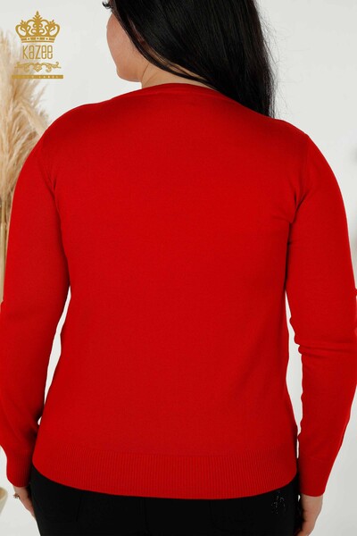 Wholesale Women's Knitwear Sweater Crystal Stone Embroidered Red - 16725 | KAZEE - Thumbnail