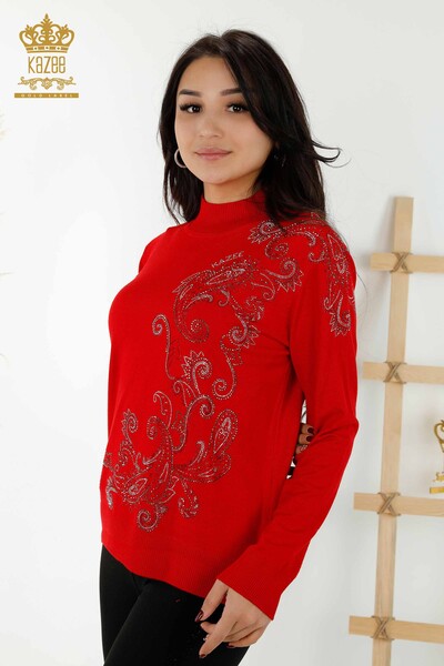 Wholesale Women's Knitwear Sweater Crystal Stone Embroidered Red - 30013 | KAZEE 