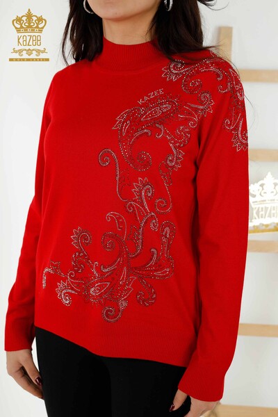 Wholesale Women's Knitwear Sweater Crystal Stone Embroidered Red - 30013 | KAZEE - 2