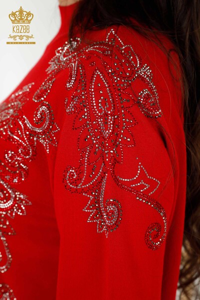 Wholesale Women's Knitwear Sweater Crystal Stone Embroidered Red - 30013 | KAZEE - 7