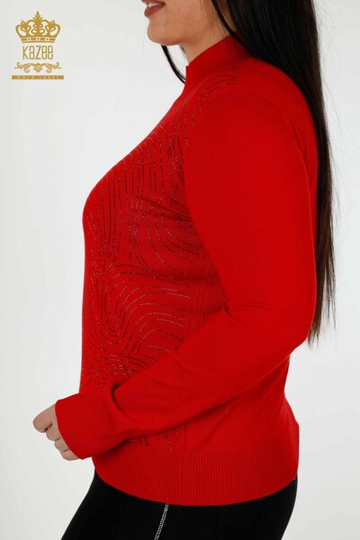 Wholesale Women's Knitwear Sweater Crystal Stone Embroidered Red - 30018 | KAZEE - Thumbnail