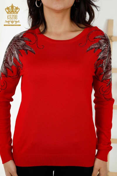 Wholesale Women's Knitwear Sweater Crystal Stone Embroidered Red - 30210 | KAZEE - Thumbnail