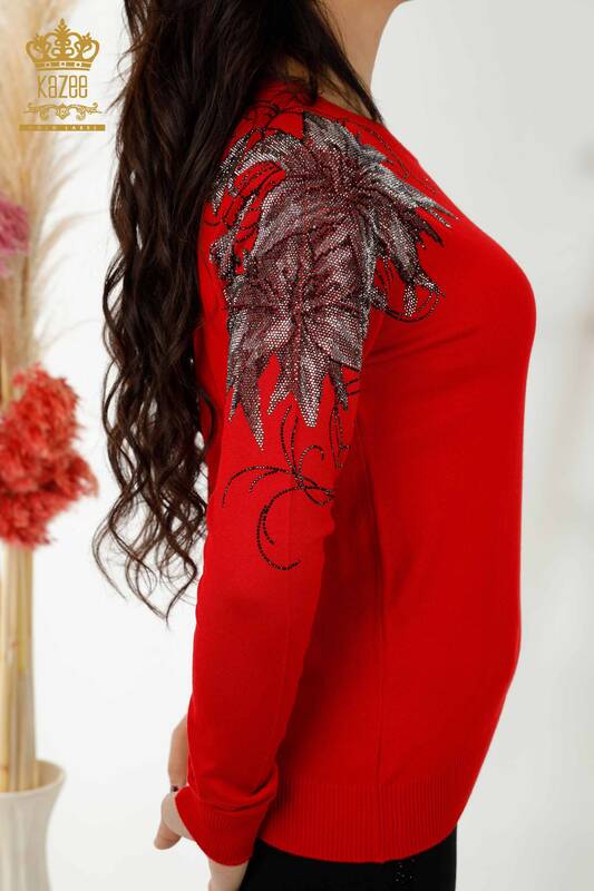 Wholesale Women's Knitwear Sweater Crystal Stone Embroidered Red - 30210 | KAZEE