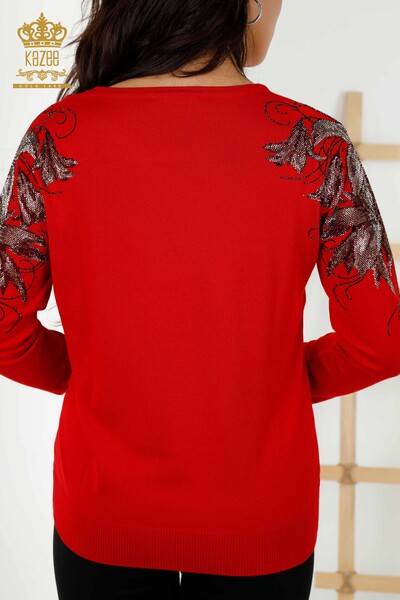 Wholesale Women's Knitwear Sweater Crystal Stone Embroidered Red - 30210 | KAZEE - Thumbnail