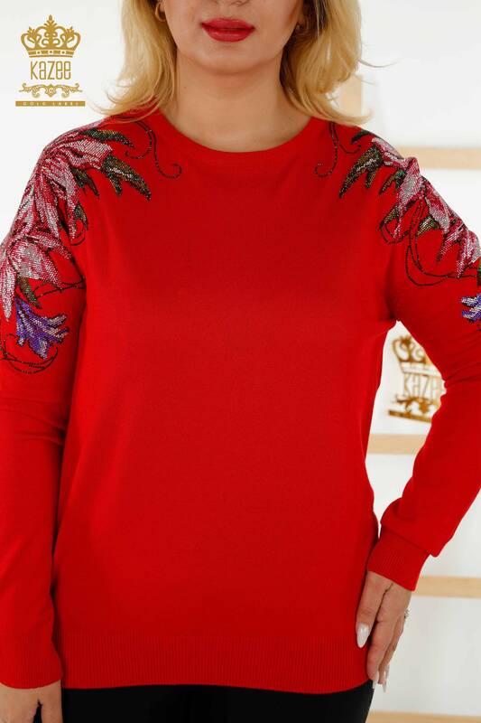Wholesale Women's Knitwear Sweater - Crystal Stone Embroidered - Red - 30230 | KAZEE