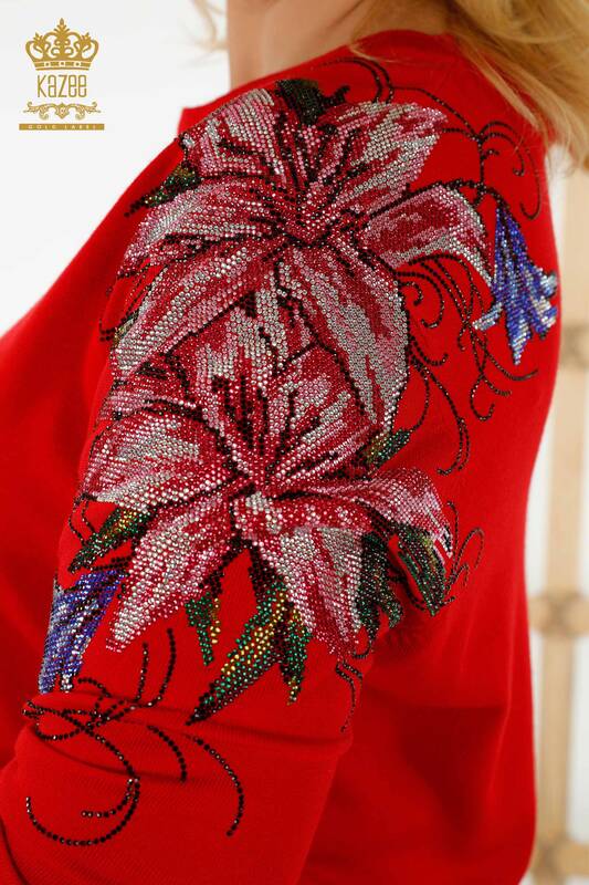 Wholesale Women's Knitwear Sweater - Crystal Stone Embroidered - Red - 30230 | KAZEE