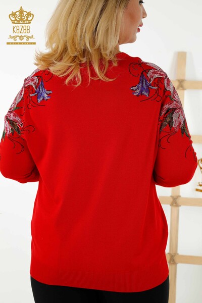 Wholesale Women's Knitwear Sweater - Crystal Stone Embroidered - Red - 30230 | KAZEE - Thumbnail