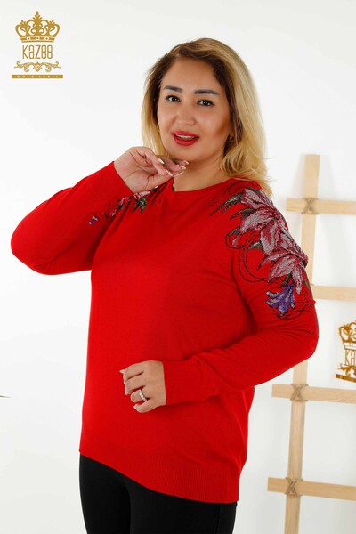 Wholesale Women's Knitwear Sweater - Crystal Stone Embroidered - Red - 30230 | KAZEE - Kazee