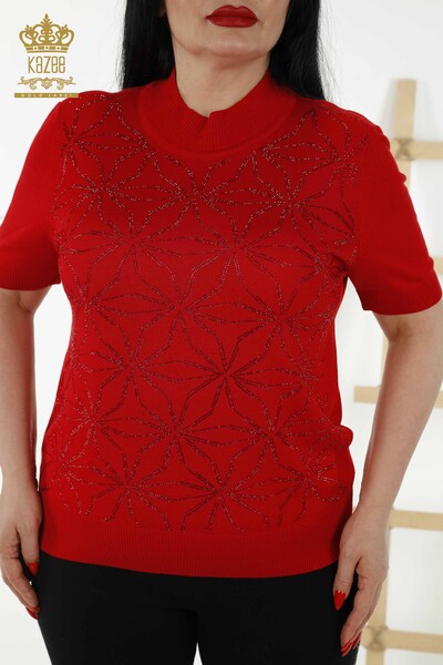 Wholesale Women's Knitwear Sweater - Crystal Stone Embroidered - Red - 30305 | KAZEE - Thumbnail