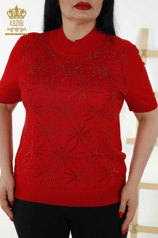 Wholesale Women's Knitwear Sweater - Crystal Stone Embroidered - Red - 30305 | KAZEE