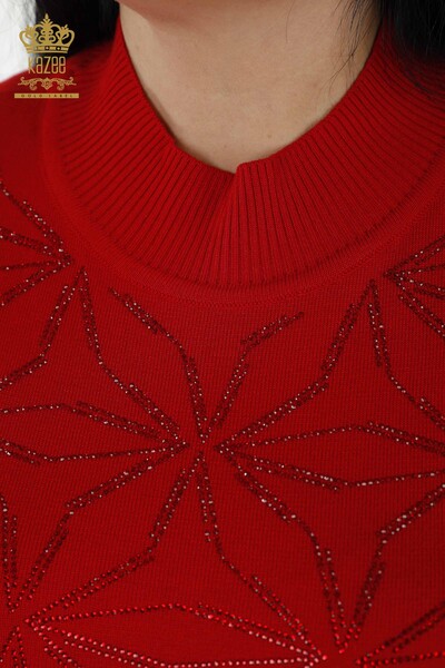 Wholesale Women's Knitwear Sweater - Crystal Stone Embroidered - Red - 30305 | KAZEE - Thumbnail
