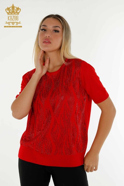 Wholesale Women's Knitwear Sweater Red with Crystal Stone Embroidery - 30332 | KAZEE - Thumbnail