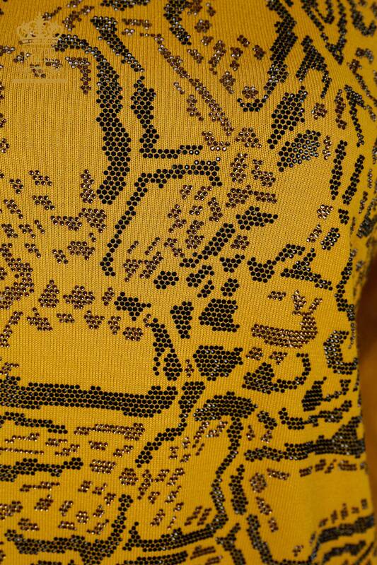 Wholesale Women's Knitwear Sweater Crystal Stone Embroidered Saffron - 30008 | KAZEE