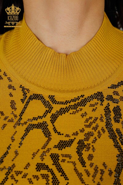Wholesale Women's Knitwear Sweater Crystal Stone Embroidered Saffron - 30008 | KAZEE - Thumbnail