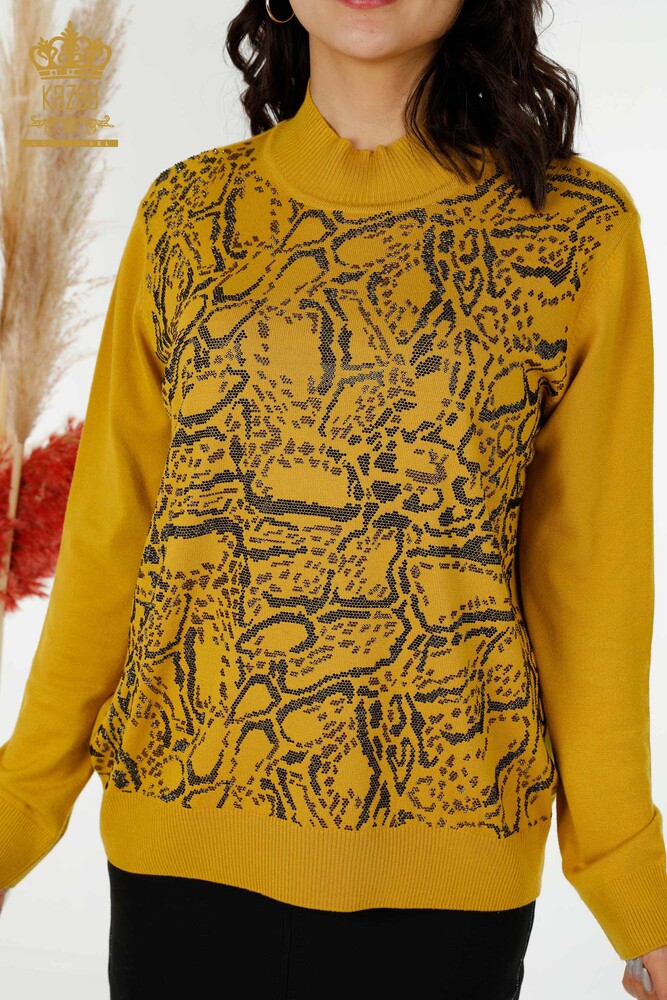 Wholesale Women's Knitwear Sweater Crystal Stone Embroidered Saffron - 30008 | KAZEE - 2