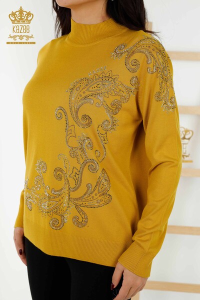Wholesale Women's Knitwear Sweater Crystal Stone Embroidered Saffron - 30013 | KAZEE - Thumbnail