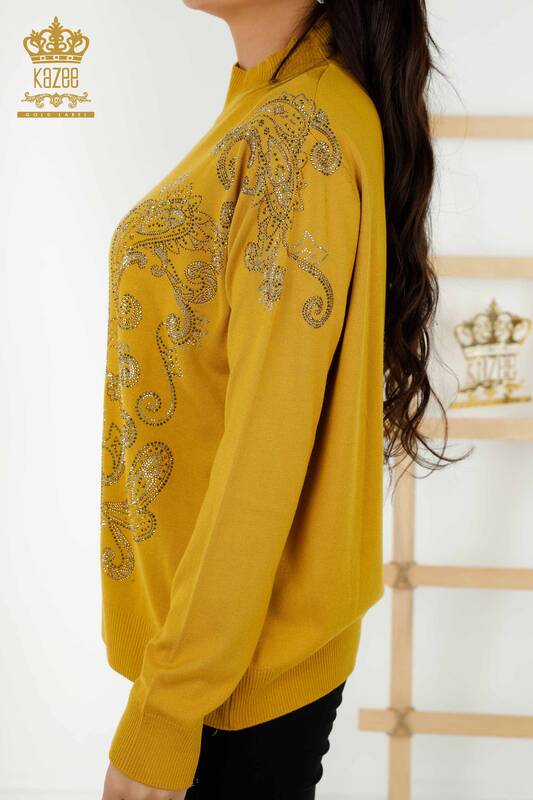 Wholesale Women's Knitwear Sweater Crystal Stone Embroidered Saffron - 30013 | KAZEE