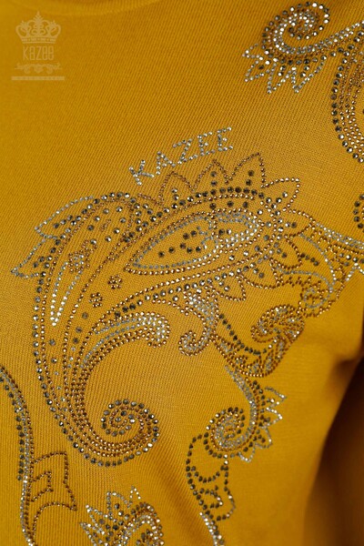 Wholesale Women's Knitwear Sweater Crystal Stone Embroidered Saffron - 30013 | KAZEE - 3