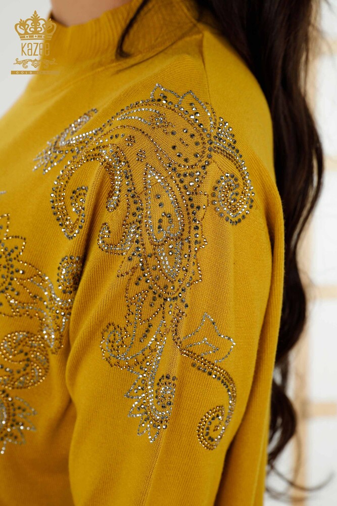 Wholesale Women's Knitwear Sweater Crystal Stone Embroidered Saffron - 30013 | KAZEE - 6