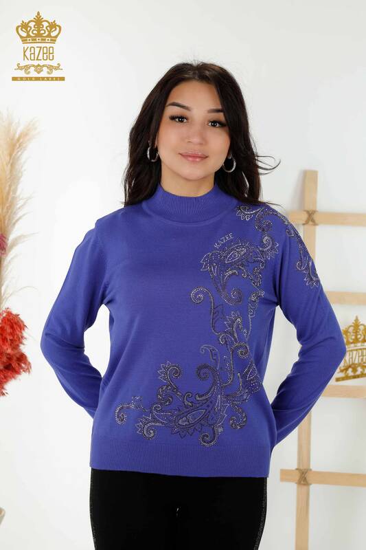 Wholesale Women's Knitwear Sweater - Crystal Stone Embroidered -Violet - 30013 | KAZEE