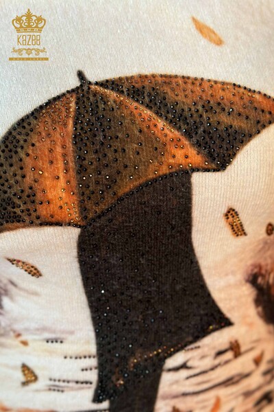 Wholesale Women's Knitwear Sweater Digital Print Angora Patterned Stone Ecru - 18928 | KAZEE - Thumbnail
