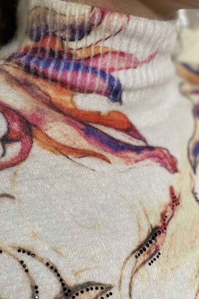 Wholesale Women's Knitwear Sweater Digital Print Angora Stone Embroidered - 18803 | KAZEE - Thumbnail