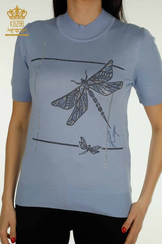 Wholesale Women's Knitwear Sweater Blue with Dragonfly Detail - 30650 | KAZEE