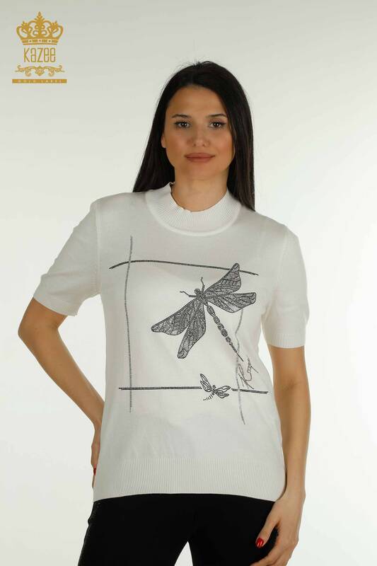 Wholesale Women's Knitwear Sweater Dragonfly Detailed Ecru - 30650 | KAZEE