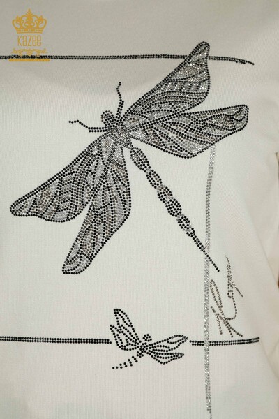 Wholesale Women's Knitwear Sweater Dragonfly Detailed Ecru - 30650 | KAZEE - Thumbnail (2)