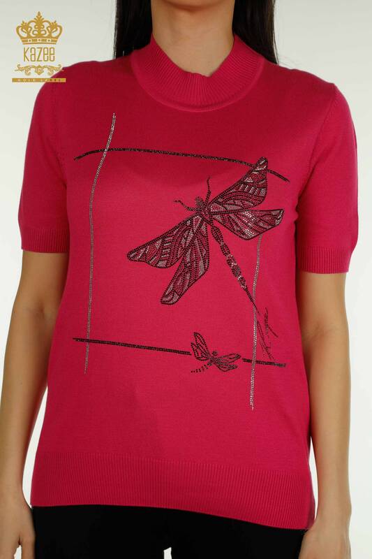 Wholesale Women's Knitwear Sweater with Dragonfly Detail Fuchsia - 30650 | KAZEE