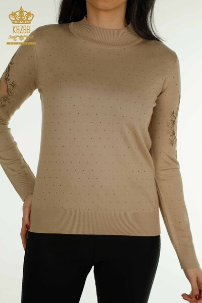 Wholesale Women's Knitwear Sweater Embroidered Beige - 30892 | KAZEE - Thumbnail