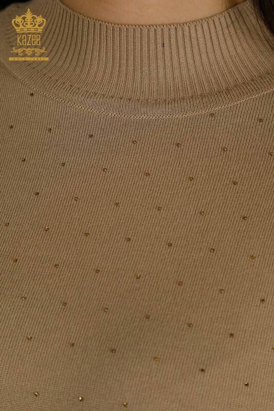 Wholesale Women's Knitwear Sweater Embroidered Beige - 30892 | KAZEE