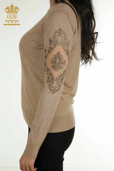 Wholesale Women's Knitwear Sweater Embroidered Beige - 30892 | KAZEE - Thumbnail