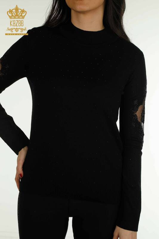 Wholesale Women's Knitwear Sweater Embroidered Black - 30892 | KAZEE