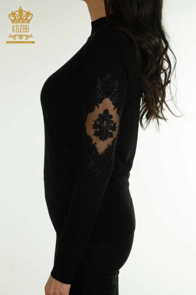 Wholesale Women's Knitwear Sweater Embroidered Black - 30892 | KAZEE - Thumbnail