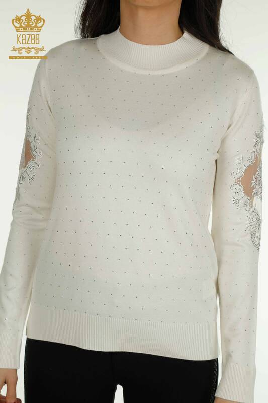 Wholesale Women's Knitwear Sweater Embroidered Ecru - 30892 | KAZEE