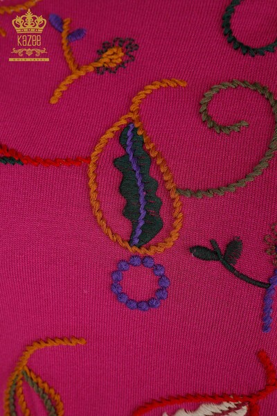 Wholesale Women's Knitwear Sweater with Embroidery Pattern Fuchsia - 30652 | KAZEE - Thumbnail