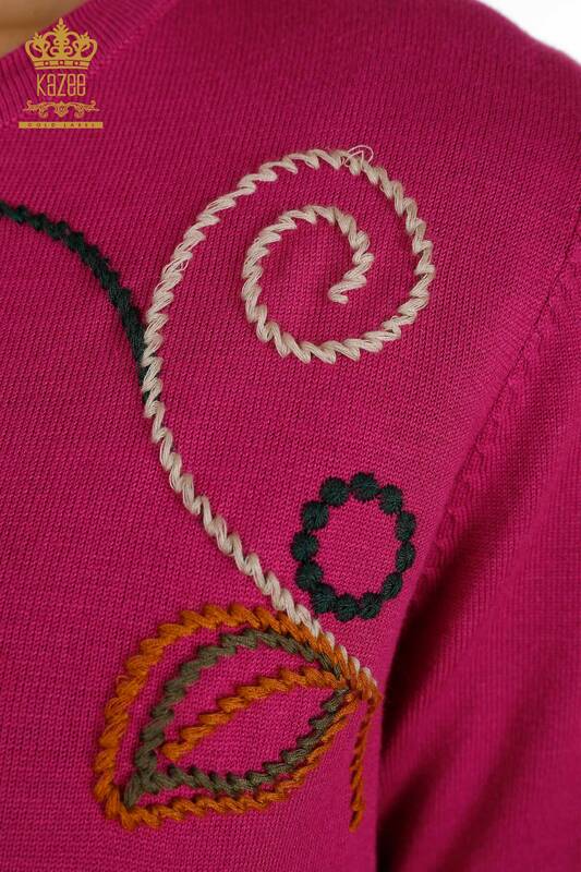 Wholesale Women's Knitwear Sweater with Embroidery Pattern Fuchsia - 30652 | KAZEE